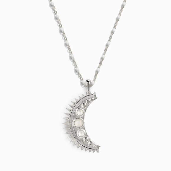 AWE INSPIRED Silver Crescent Moon Moonstone Pendant Enamel Chain Necklace - Picture 1 of 7
